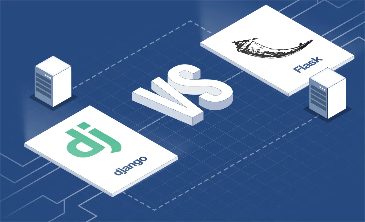 Django vs Flask comparison banner illustrating the best Python web framework with logos and key features like security, performance, flexibility, and built-in capabilities.
